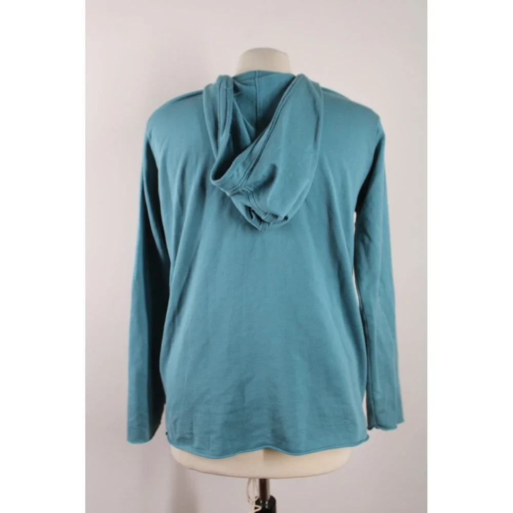 WinterSilks M Teal Blue Spun Silk Cotton V-Neck Hoodie Kangaroo Pocket Raw Hem - Picture 3 of 8